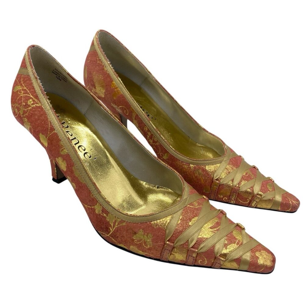 J Renee Wearable Art Heels 7.5 Leather Vintage Baroque Coquette Floral Ribbon